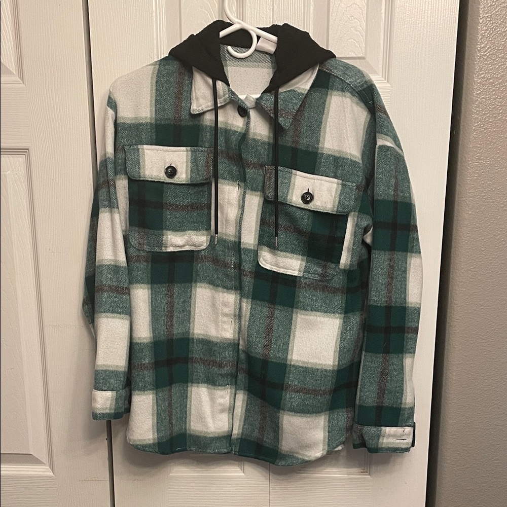 No Boundaries Green and Black Hooded Flannel